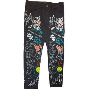 Waimea Mens Skinny Fit Jeans 38x32 Black Graffiti Art Y2k Streetwear